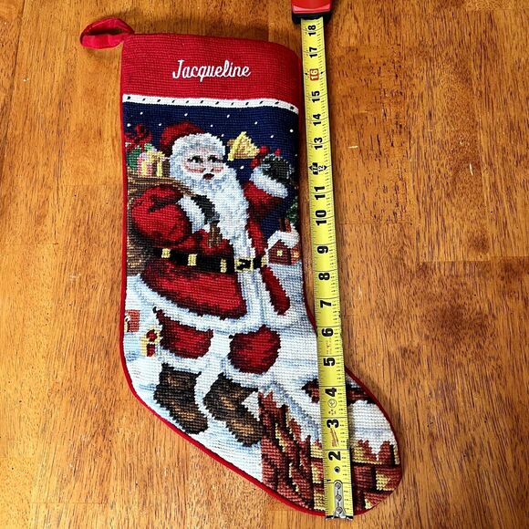 VTG Christmas Stocking Wool Needlepoint Rooftop Santa Jacqueline - Picture 6 of 6